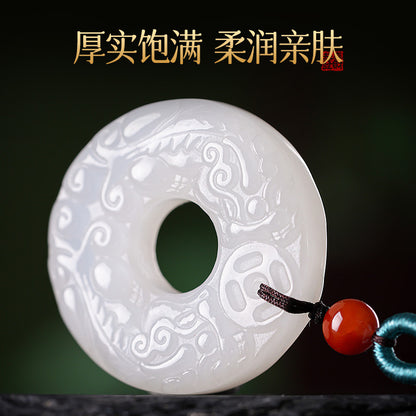 Unisex Hetian White Jade Pendant, Double-Sided Carved Pixiu & Safety Buckle Jade Charm