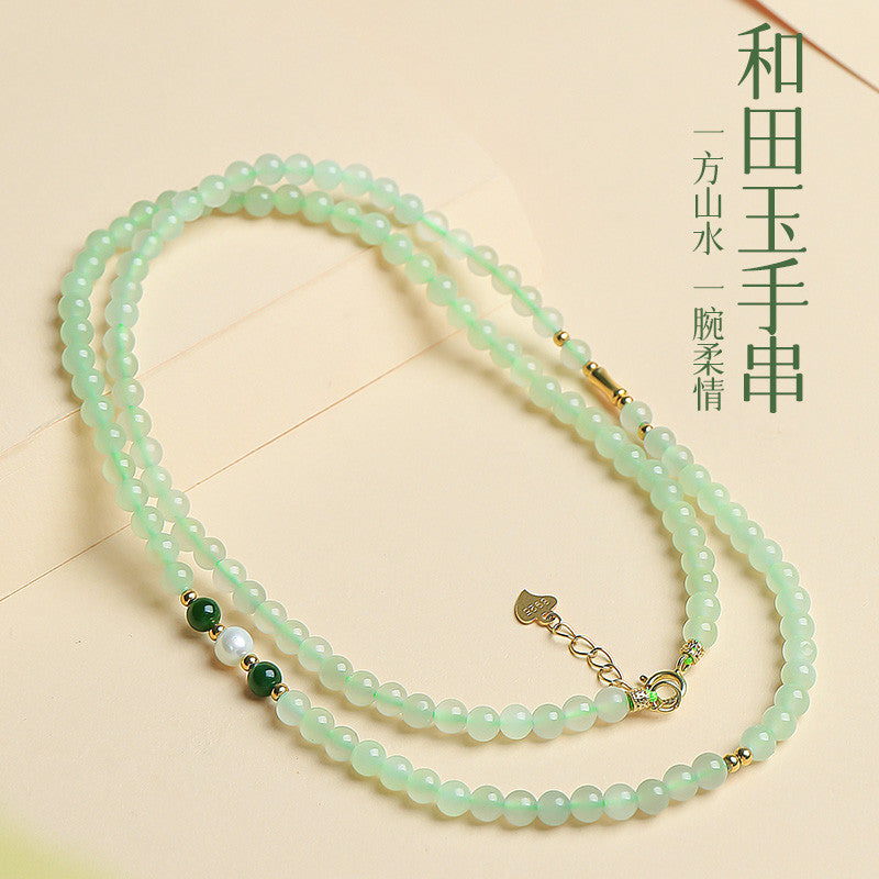 Bluish Green Hetian Jade Mini Bead Bracelet, Fresh Style Multi-loop for Women, Multi-purpose as Necklace