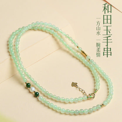 Bluish Green Hetian Jade Mini Bead Bracelet, Fresh Style Multi-loop for Women, Multi-purpose as Necklace