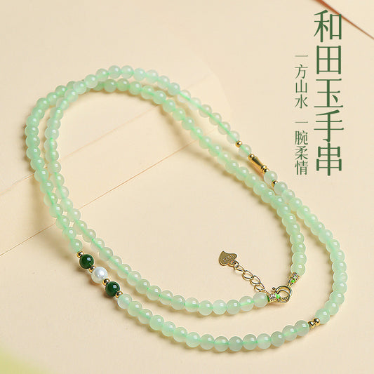 Bluish Green Hetian Jade Mini Bead Bracelet, Fresh Style Multi-loop for Women, Multi-purpose as Necklace
