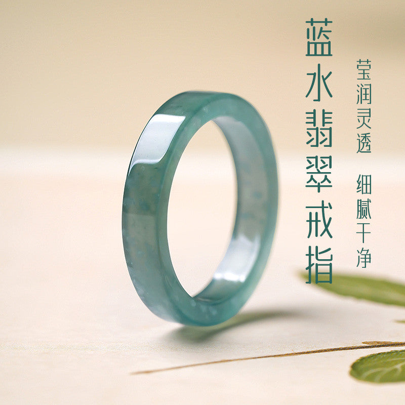 Moist Translucent Blue Water Straight-Cut Jadeite Ring, Women Finger Jewelry Holiday Gift