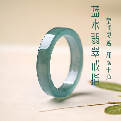 Moist Translucent Blue Water Straight-Cut Jadeite Ring, Women Finger Jewelry Holiday Gift