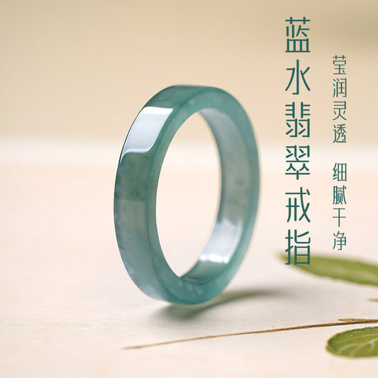 Moist Translucent Blue Water Straight-Cut Jadeite Ring, Women Finger Jewelry Holiday Gift