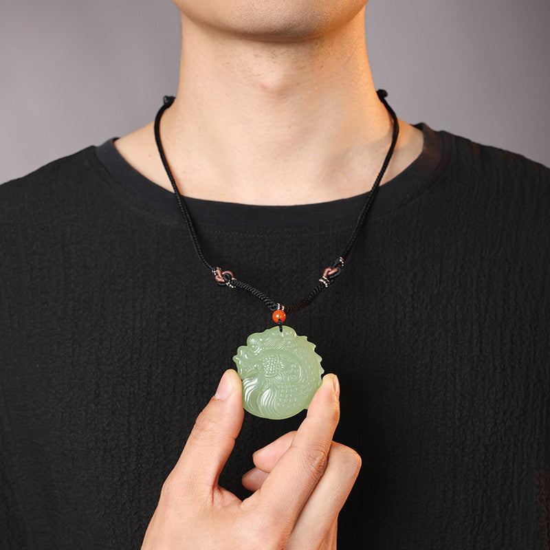 Double-sided Fine Carved Dragon-Carp Hetian Jade Pendant, Pale Cyan Zodiac Dragon Plaque, Holiday Gift