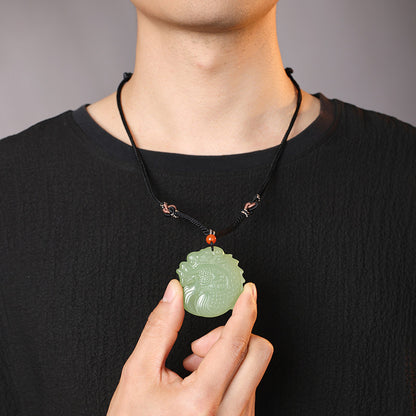 Double-sided Fine Carved Dragon-Carp Hetian Jade Pendant, Pale Cyan Zodiac Dragon Plaque, Holiday Gift
