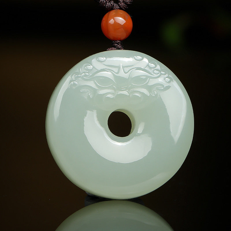 Smooth & Worry-free | Hetian Jade Pixiu Head Safety Buckle Pendant, Unisex Auspicious Beast Jade Charm with Braided Cord for Gift