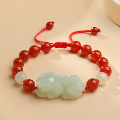 Adjustable Single-row Hetian Jade Pixiu Bracelet for Men & Women, With Certificate
