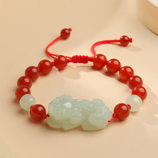 Adjustable Single-row Hetian Jade Pixiu Bracelet for Men & Women, With Certificate