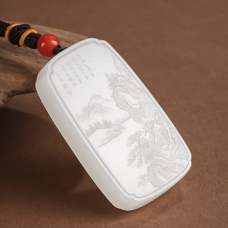 Master's Unique Piece | Hand Line-Carved Landscape Hetian Jade Pendant, Light Cyan & White Jade for Men & Women
