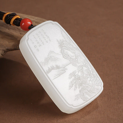 Master's Unique Piece | Hand Line-Carved Landscape Hetian Jade Pendant, Light Cyan & White Jade for Men & Women
