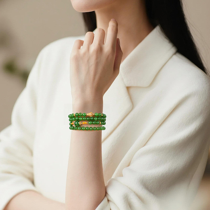 Hetian Jasper Necklace, Bright Green High-oil Round Bead & Gourd Jewelry, Multi-wear Style for Sweater Chain & Bracelet