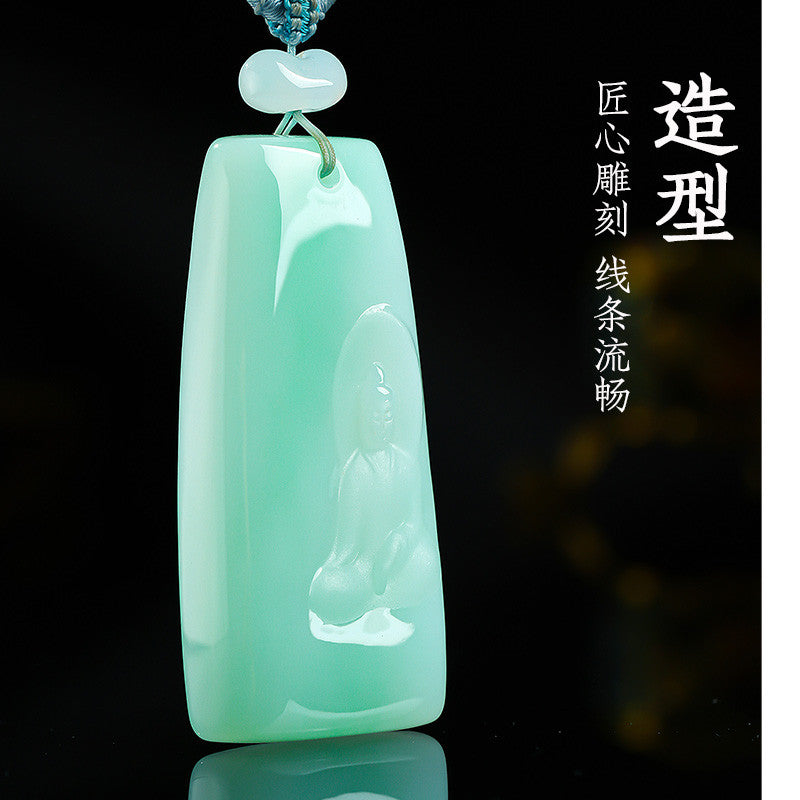 Unique Piece | Icy Waxy Myanmar Jadeite Pendant, Floating Green & Double-Sided Carved Enlightenment Jade Ornament