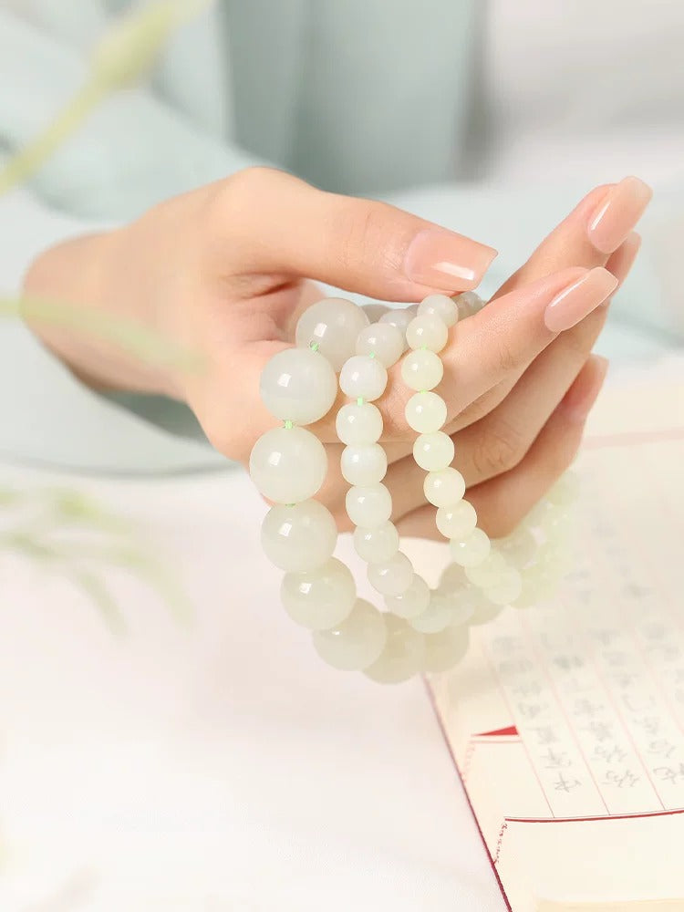 Natural Hetian Pale Clear Water Round Bead Bracelet, DIY Couple Jade Bangle, Authentic with Appraisal Certificate, Collectible Traditional Jewelry