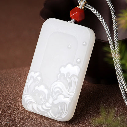 Double-Sided Carved Water Pattern White Hetian Jade Pendant, Couple Jade Ornament with Cord for Gifting