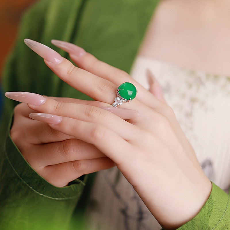 Natural Chalcedony 【Moonlight Glow】Oval Cabochon Ring, Niche Design Elegant Finger Ring, Minimalist Daily Wear