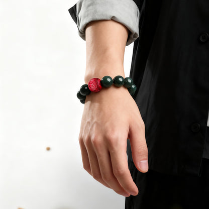 Dark Green Hetian Jade Barrel Bead Bracelet with Cinnabar Pixiu, Unisex Multi-gemstone Lucky Bracelet