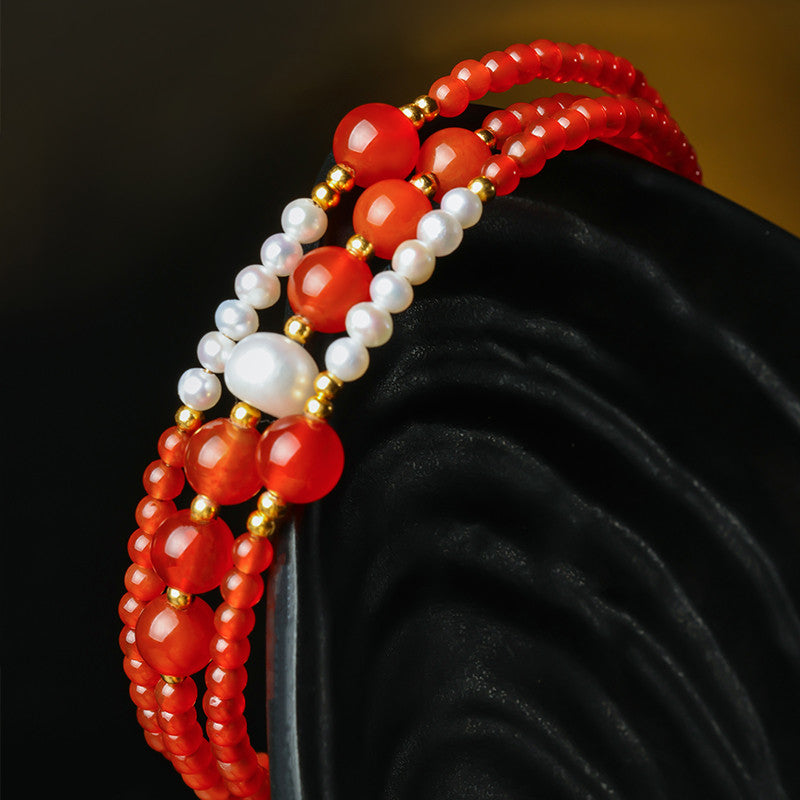 Lucky Red Agate Bracelet, Mini Bead & Rolling Bead Bangle-style Multi-loop Bracelet for Women, Festival Gift for Girlfriend