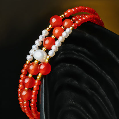 Lucky Red Agate Bracelet, Mini Bead & Rolling Bead Bangle-style Multi-loop Bracelet for Women, Festival Gift for Girlfriend