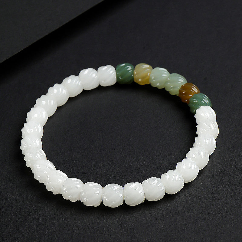 Women's Hetian Jade Bracelet, White Jade Twisted Beads Multi-Gem Single-Circle Bangle