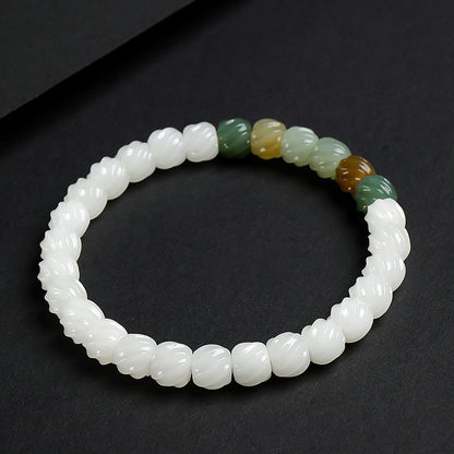 Women's Hetian Jade Bracelet, White Jade Twisted Beads Multi-Gem Single-Circle Bangle