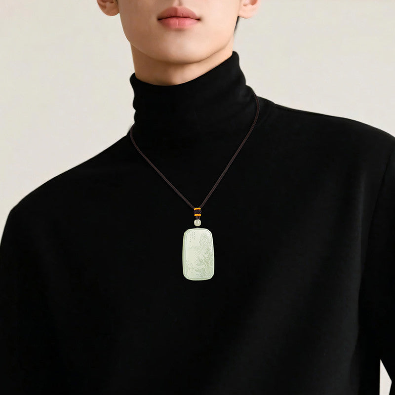 Master's Unique Piece | Hand Line-Carved Landscape Hetian Jade Pendant, Light Cyan & White Jade for Men & Women
