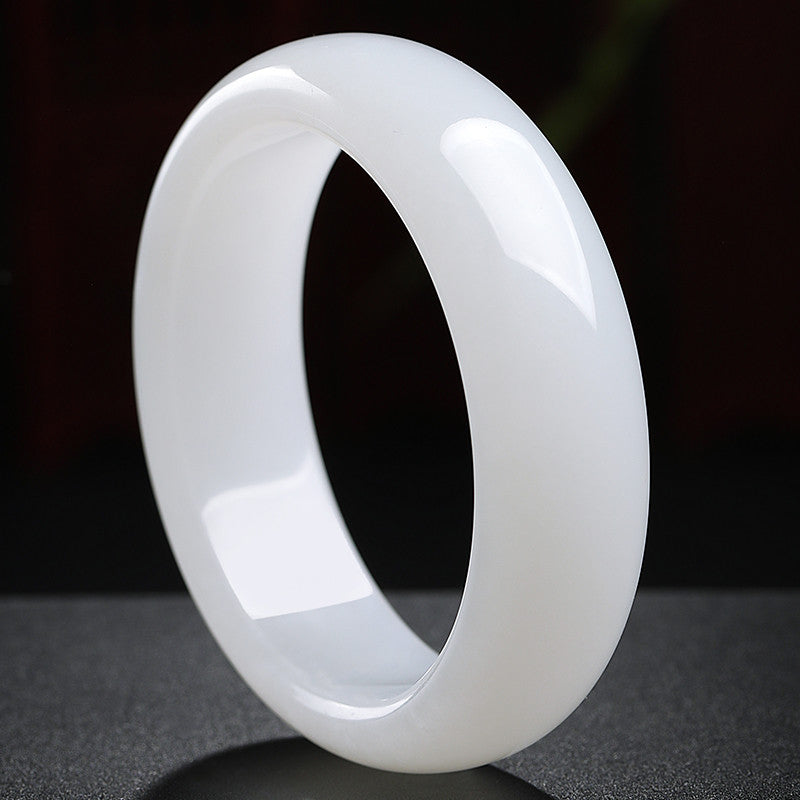 Heritage Grade Hetian Jade Bangle, Creamy White Wide Band Peace Bracelet