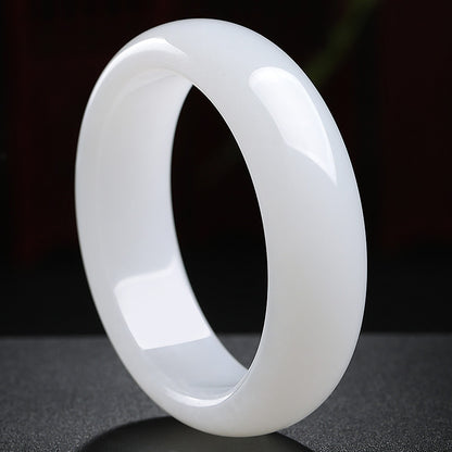 Heritage Grade Hetian Jade Bangle, Creamy White Wide Band Peace Bracelet