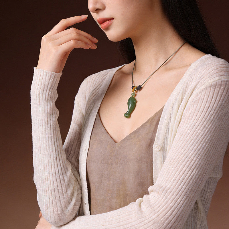 Swim Like Fish in Water｜Yellow-Cyan Hetian Jade Fish Pendant Unisex, With Cord & Certificate