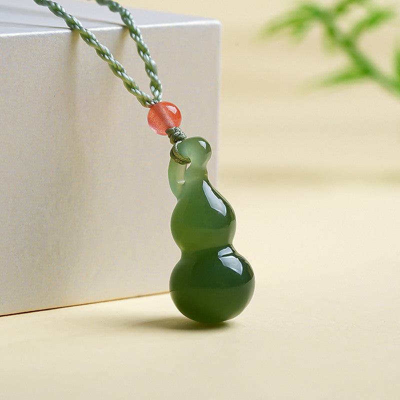 White & Lake Green Hetian Jade Small Gourd Pendant, Fortune Blessing Jade Charm