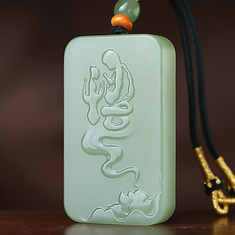 Men's Hetian Pale Cyan Jade Pendant, Double-Sided Carved Guanyin Jade Charm