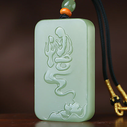Men's Hetian Pale Cyan Jade Pendant, Double-Sided Carved Guanyin Jade Charm