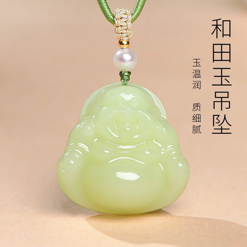 Blessing Harvest｜Yellow Skin Hetian Jade Double-Sided Carved Maitreya Pendant, Women Buddha Holiday Gift