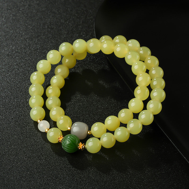 Glossy Hetian Yellow Jade Round Beads Multi-Gem Double-Layer Bracelet, Warm Tone Jewelry for Autumn & Winter