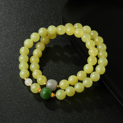 Glossy Hetian Yellow Jade Round Beads Multi-Gem Double-Layer Bracelet, Warm Tone Jewelry for Autumn & Winter