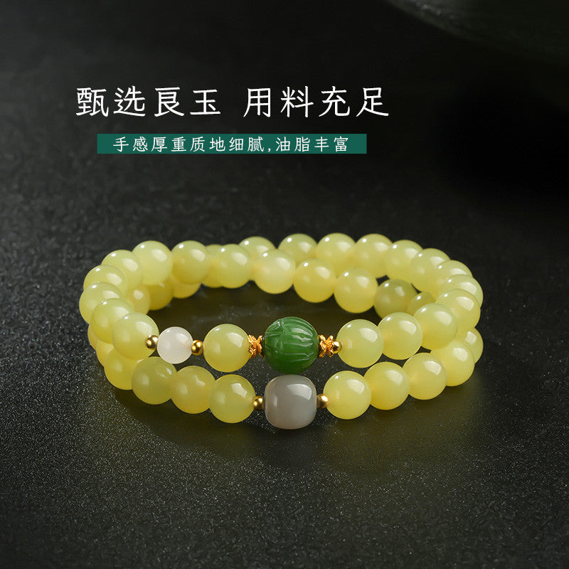 Glossy Hetian Yellow Jade Round Beads Multi-Gem Double-Layer Bracelet, Warm Tone Jewelry for Autumn & Winter