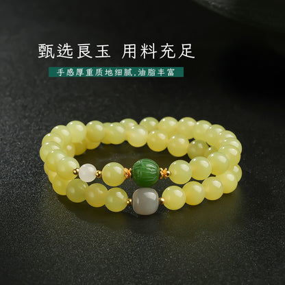 Glossy Hetian Yellow Jade Round Beads Multi-Gem Double-Layer Bracelet, Warm Tone Jewelry for Autumn & Winter