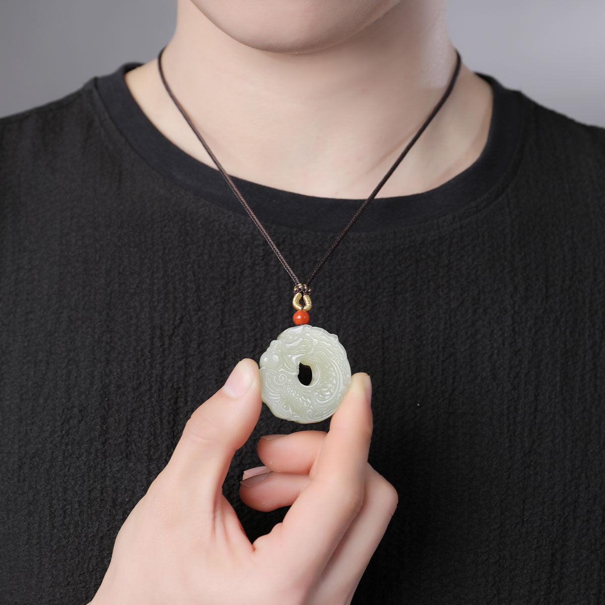 Double-Sided Carved Dragon-Fish Hetian Jade Pendant, Unisex Zodiac Dragon Jade Charm