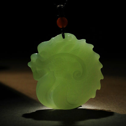Double-sided Fine Carved Dragon-Carp Hetian Jade Pendant, Pale Cyan Zodiac Dragon Plaque, Holiday Gift