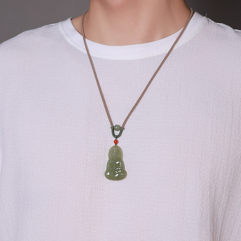 Double-Side Carved Pale Cyan Hetian Jade Sitting Guanyin Pendant, Unisex Lotus Throne Jade Charm