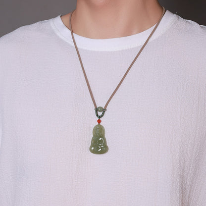 Double-Side Carved Pale Cyan Hetian Jade Sitting Guanyin Pendant, Unisex Lotus Throne Jade Charm
