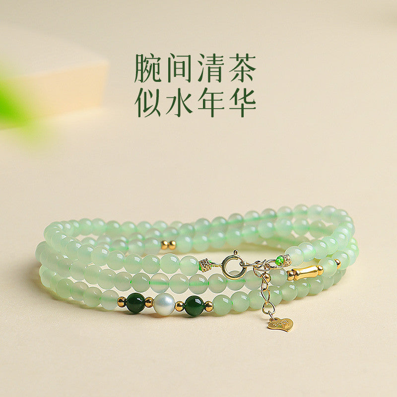 Bluish Green Hetian Jade Mini Bead Bracelet, Fresh Style Multi-loop for Women, Multi-purpose as Necklace