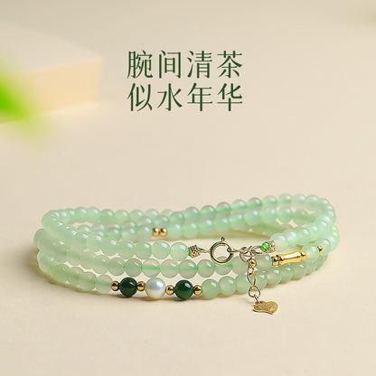 Bluish Green Hetian Jade Mini Bead Bracelet, Fresh Style Multi-loop for Women, Multi-purpose as Necklace