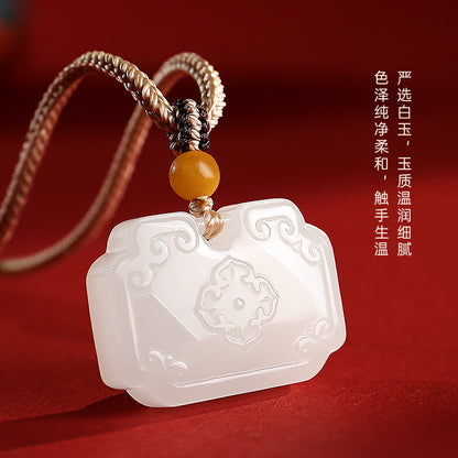 Tang Style Eight Auspicious Series Hetian Jade Square Ruyi Lock Pendant