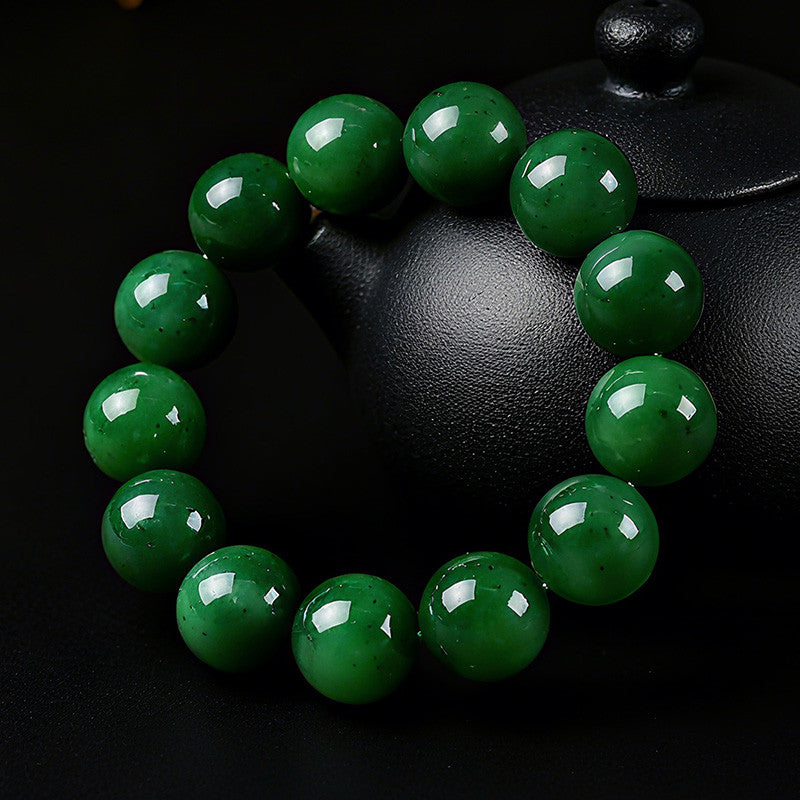 High-quality Spinach Green Hetian Jasper Bracelet, Round Bead Single-loop Bangle
