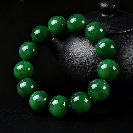 High-quality Spinach Green Hetian Jasper Bracelet, Round Bead Single-loop Bangle