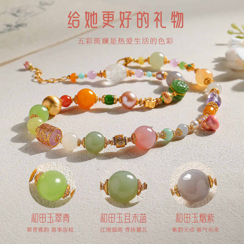 National Elegance Multi-gem Hetian Jade Bracelet & Necklace, Birthday Gift with Certificate