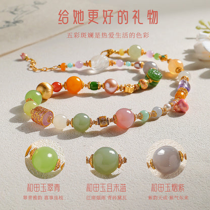 National Elegance Multi-gem Hetian Jade Bracelet & Necklace, Birthday Gift with Certificate
