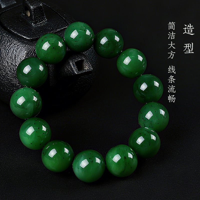 High-quality Spinach Green Hetian Jasper Bracelet, Round Bead Single-loop Bangle