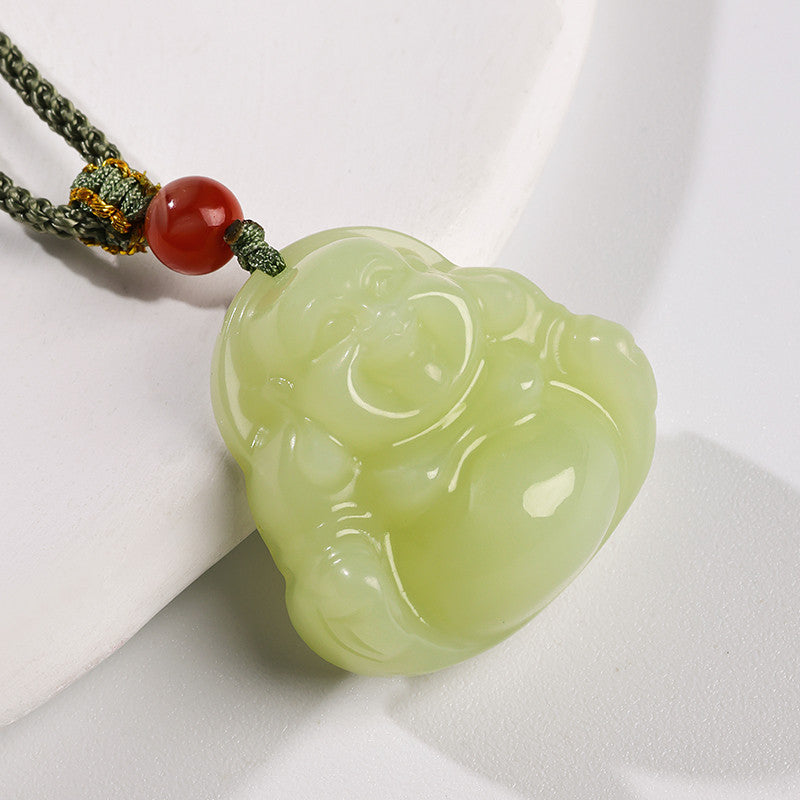 Warm Hetian Yellow Jade Maitreya Buddha Pendant, Plump Buddha Charm, Festival Gift