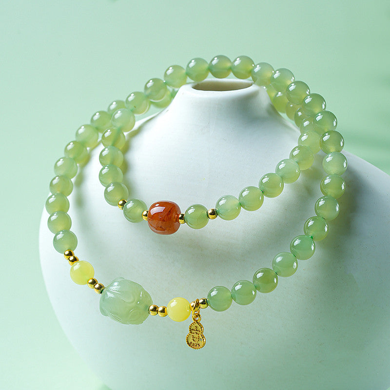 Icy Clear Water Light Cyan Hetian Jade Double-row Bracelet with Pixiu, Fashion Versatile Jewelry, Festival Gift